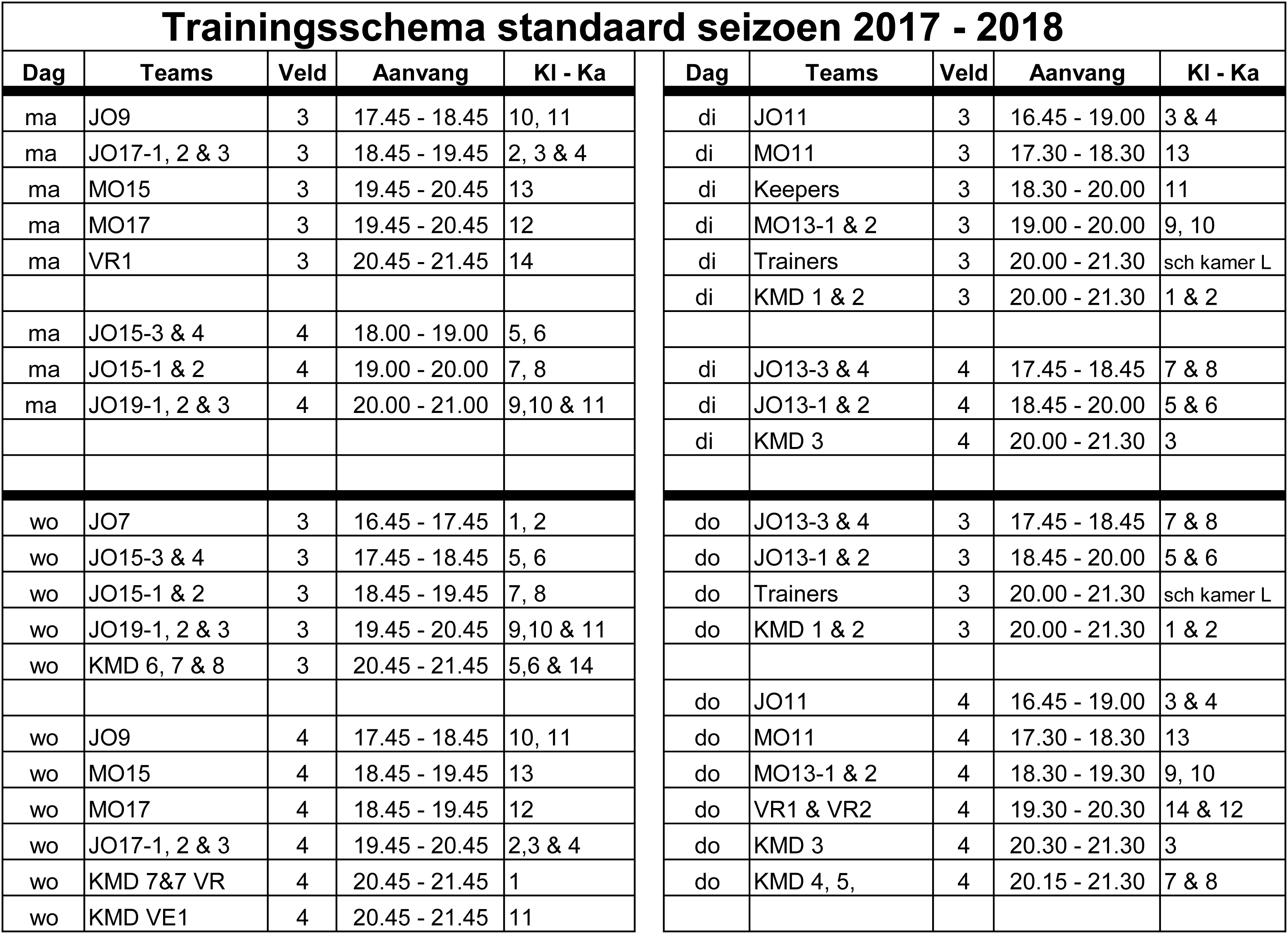 Trainingsschema 2017-2018