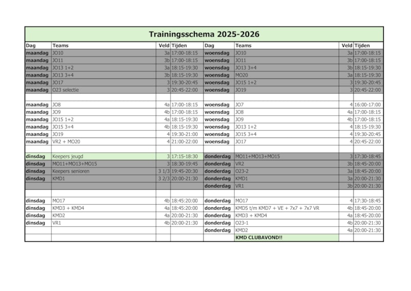 Trainingsschema 2025-2026
