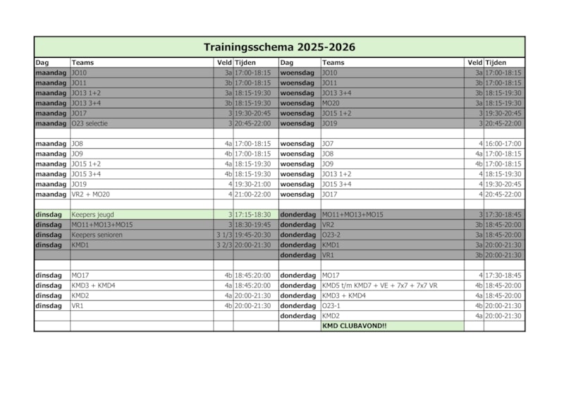 Trainingsschema 2025-2026